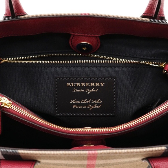 Burberry Banner Medium Tote Shoulder Bag Check Canvas Red New - Picture 7 of 9